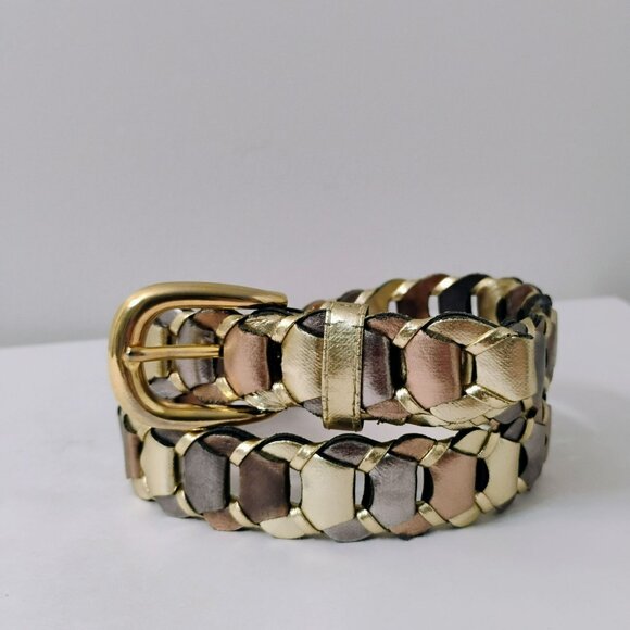 Amiee Lynn Woven Gold and Bronze Leather Belt, Size S, Braided Metallic - Picture 1 of 5